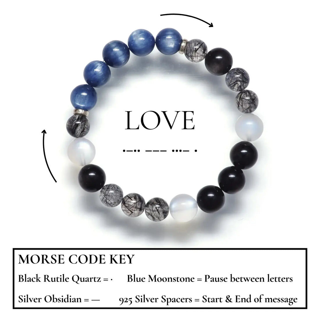 "LOVE" Morse Code Silver Obsidian Crystal Bracelet